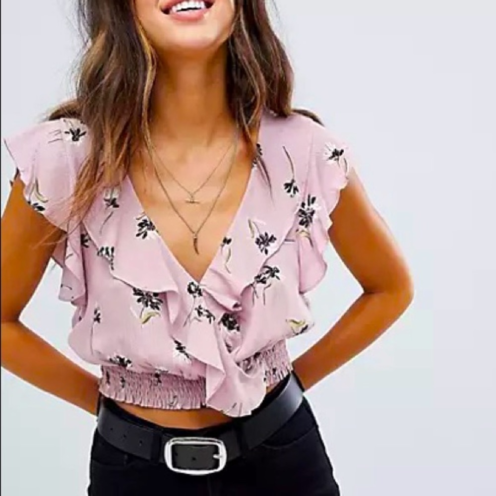 Floral pink ruffle crop top, Lusik, size L
